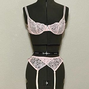 Vintage CHRISTIAN DIOR INTIMATES Pink Lace Bra And Garter Belt Set